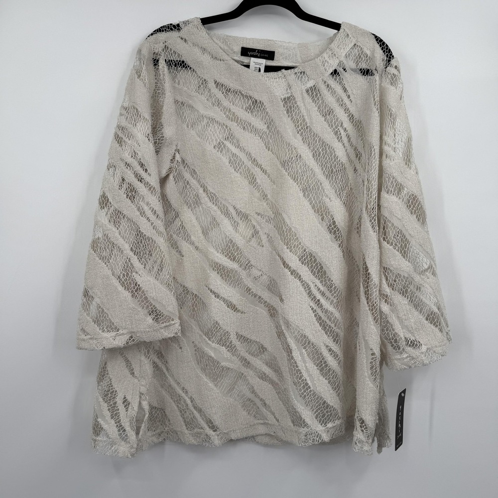 Yushi Blouse Womens Large White Tunic Round Neck 3/4 Sleeve Crochet Relaxed